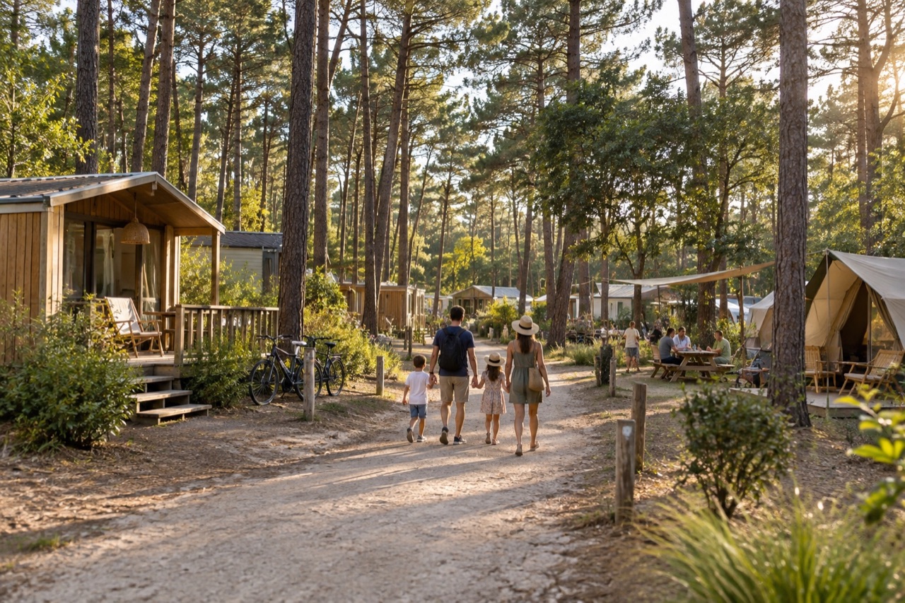 Famille à vélo dans un camping français en pinède