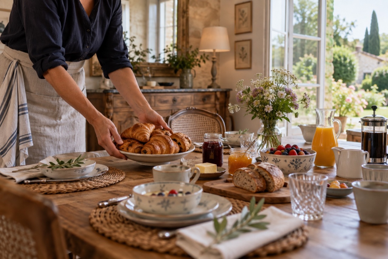 Petit-déjeuner servi dans une chambre d’hôtes de caractère
