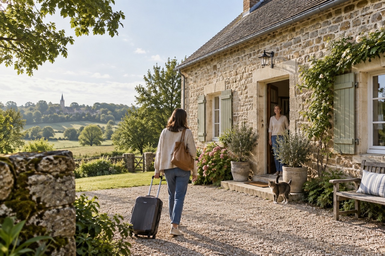 Des voyageurs accueillis devant un gîte rural en pierre